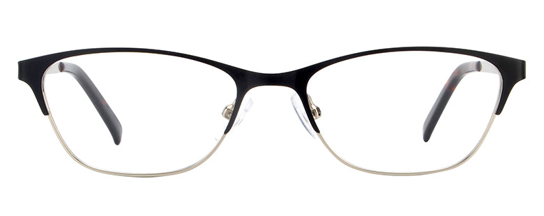 Teresa petite glasses in black and silver — thin metal cat-eye eyeglass frames for small faces, 49mm lens width, nose pads