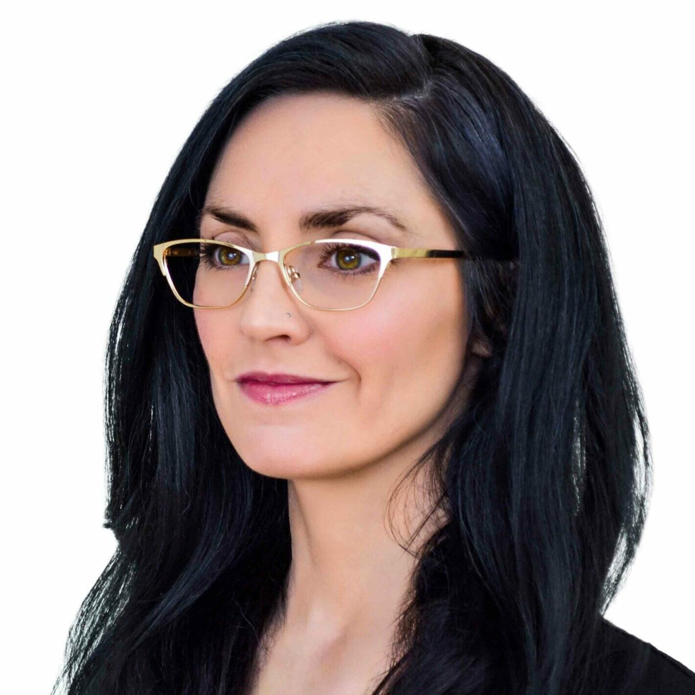 Teresa petite glasses in gold — thin metal cat-eye eyeglass frames for small faces, 49mm lens width, side portrait