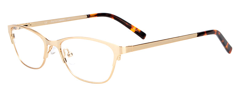 Teresa petite glasses in gold — thin metal cat-eye eyeglass frames for small faces, 49mm lens width, 16mm bridge, side view